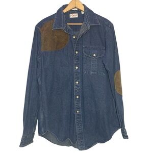 Vintage Orvis Trap & Skeet Shooting Denim Shirt Mens Medium M Suede Patches